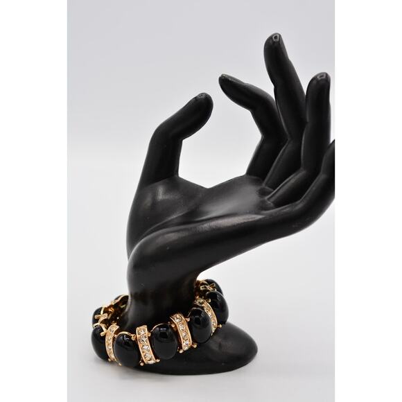 Stretchy Bracelet Black Cabochon Rhinestone Crystal Gold Tone Shiny Bin6 - Picture 7 of 12